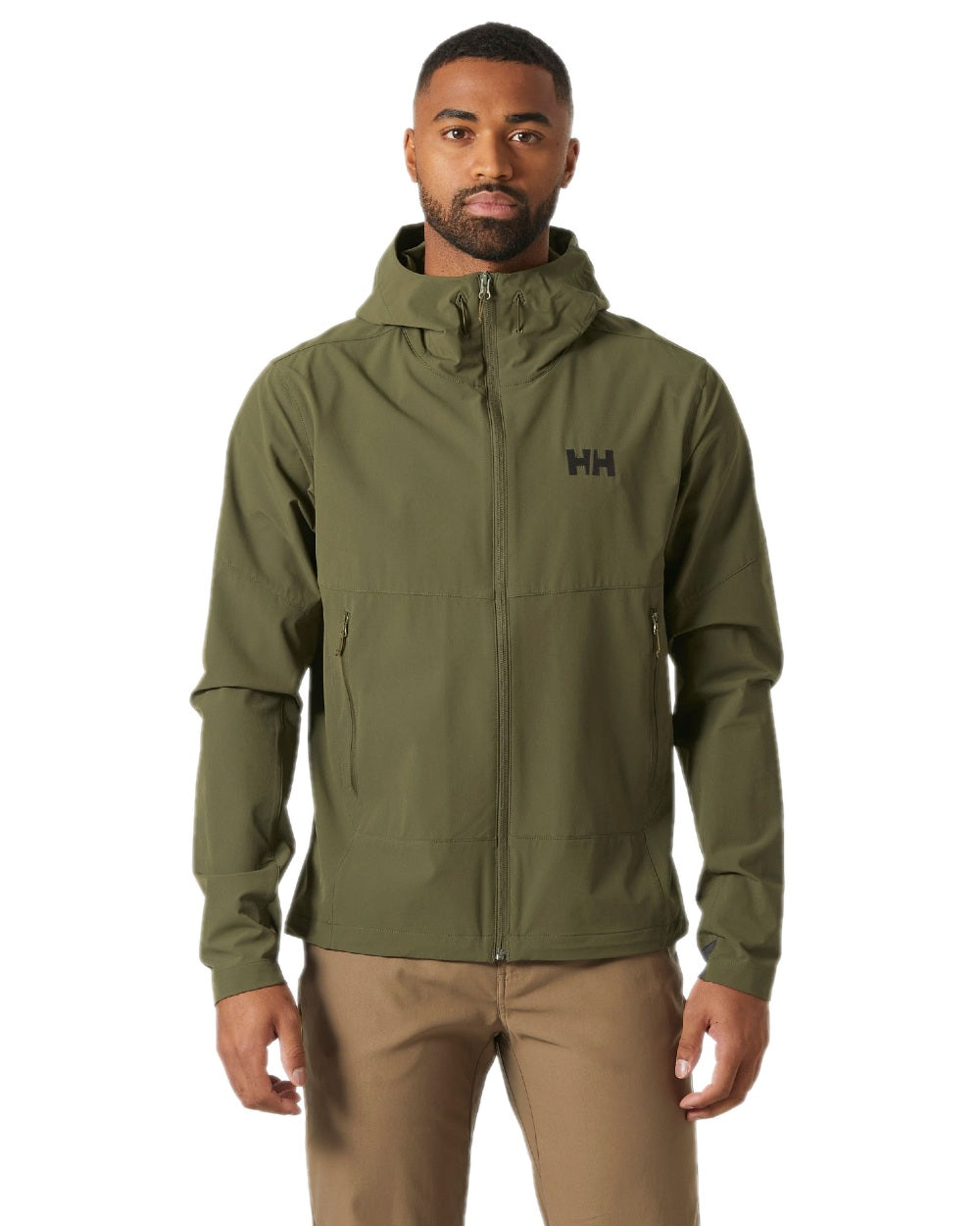 Utility Green Coloured Helly Hansen Mens Blaze Hooded Softshell Jacket on white background 