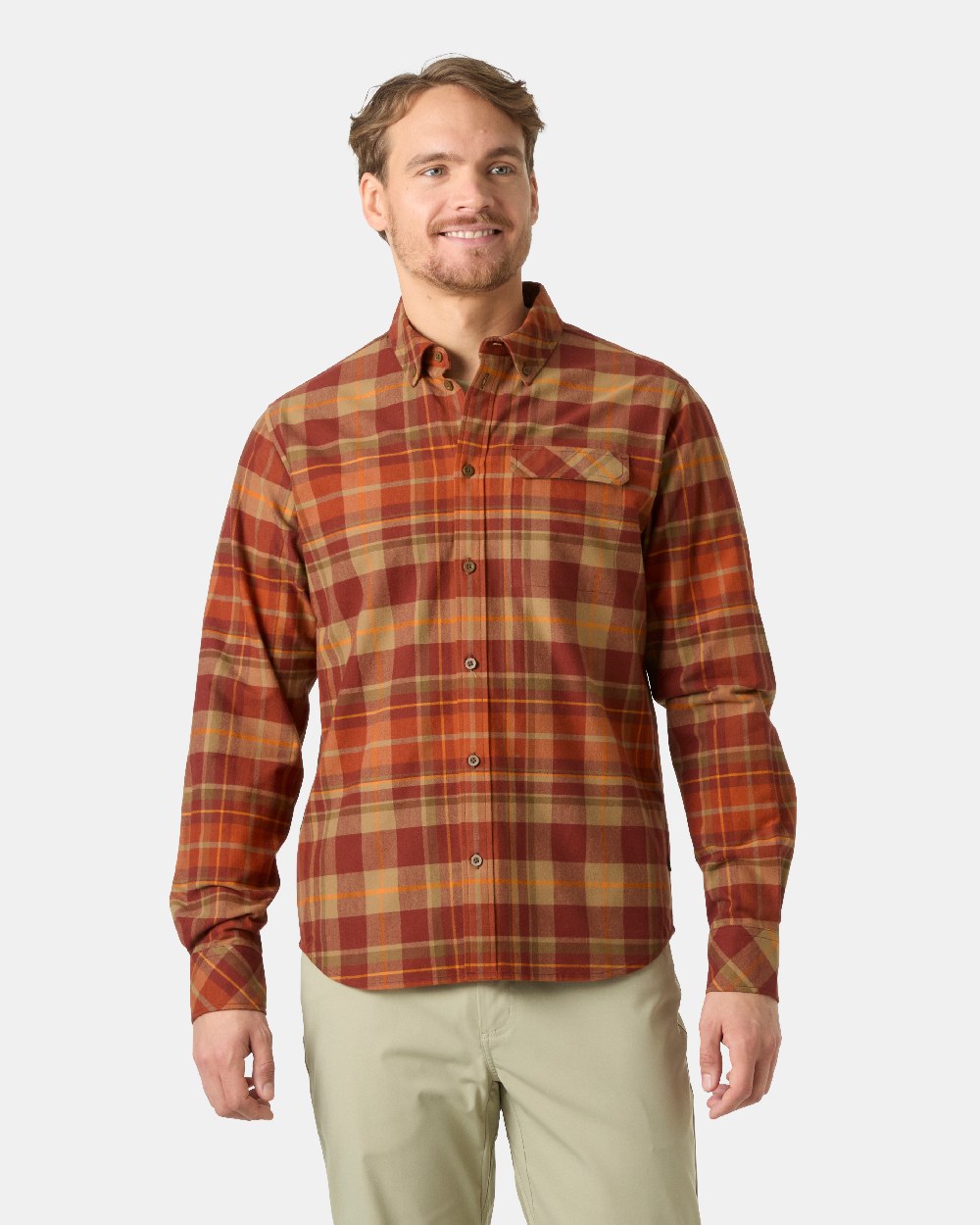 Iron Oxide Coloured Helly Hansen Mens Classic Check Long Sleeve Shirt on White Background 