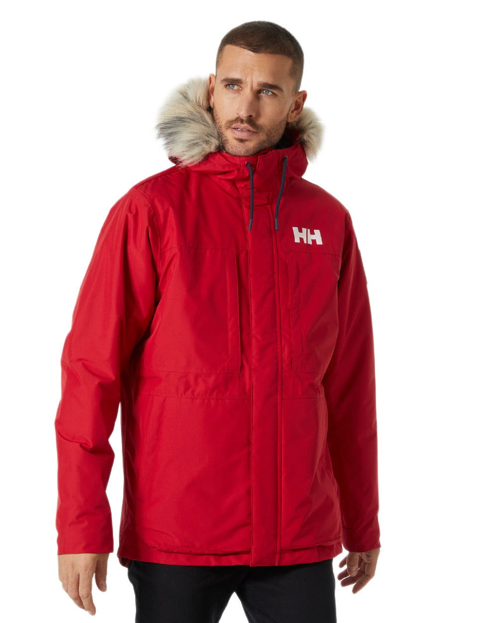 Red Coloured Helly Hansen Mens Coastal 3.0 Parka on white background 