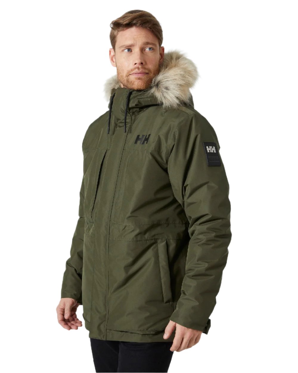 Utility Green coloured Helly Hansen Mens Coastal 3.0 Parka on white background 