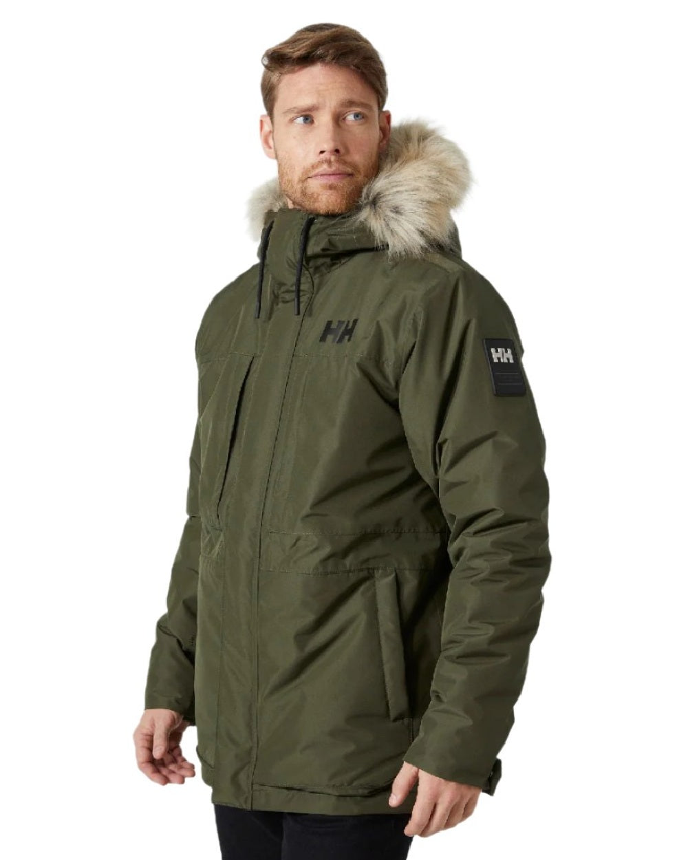 Utility Green coloured Helly Hansen Mens Coastal 3.0 Parka on white background 