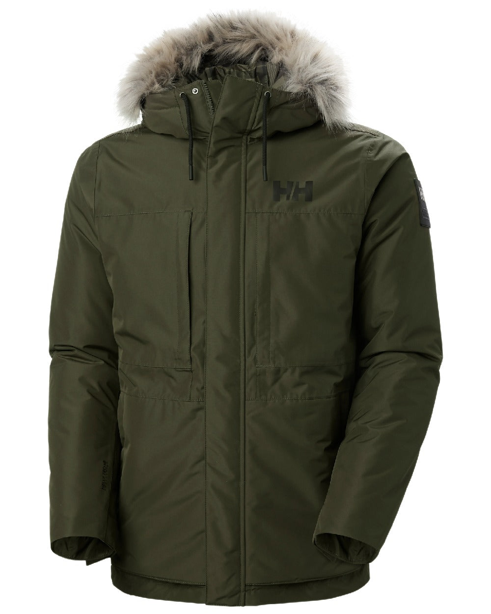 Utility Green coloured Helly Hansen Mens Coastal 3.0 Parka on white background 