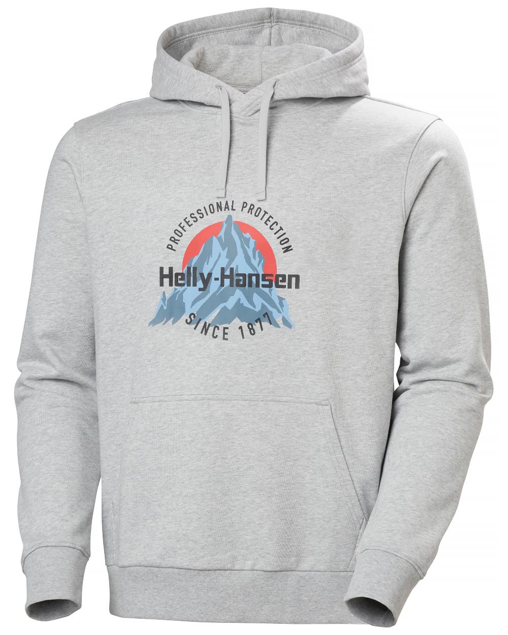 Grey Melange coloured Helly Hansen Mens Core Graphic Hoodie on white background 