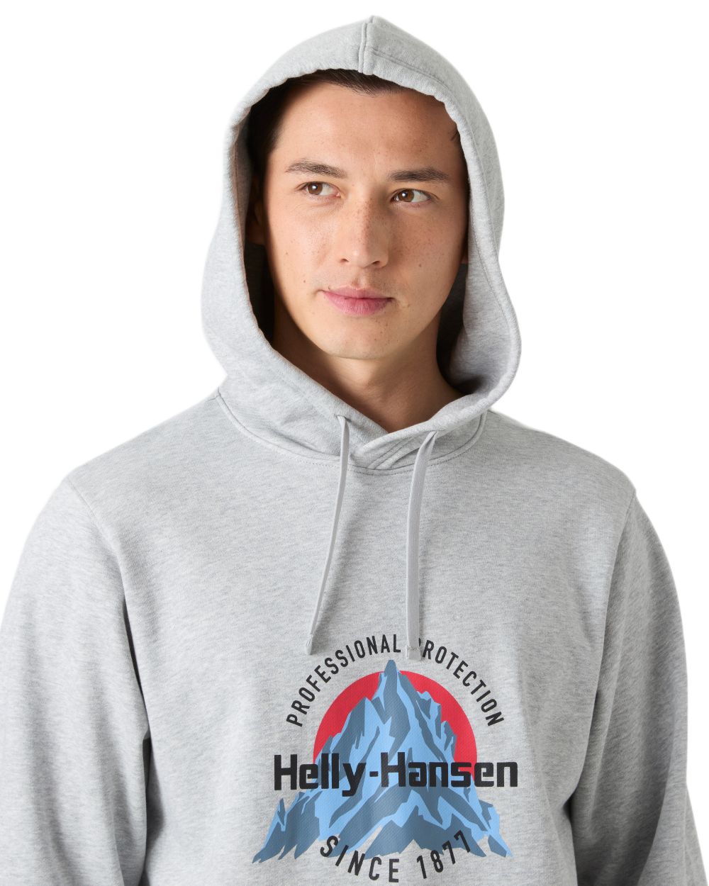 Grey Melange coloured Helly Hansen Mens Core Graphic Hoodie on white background 