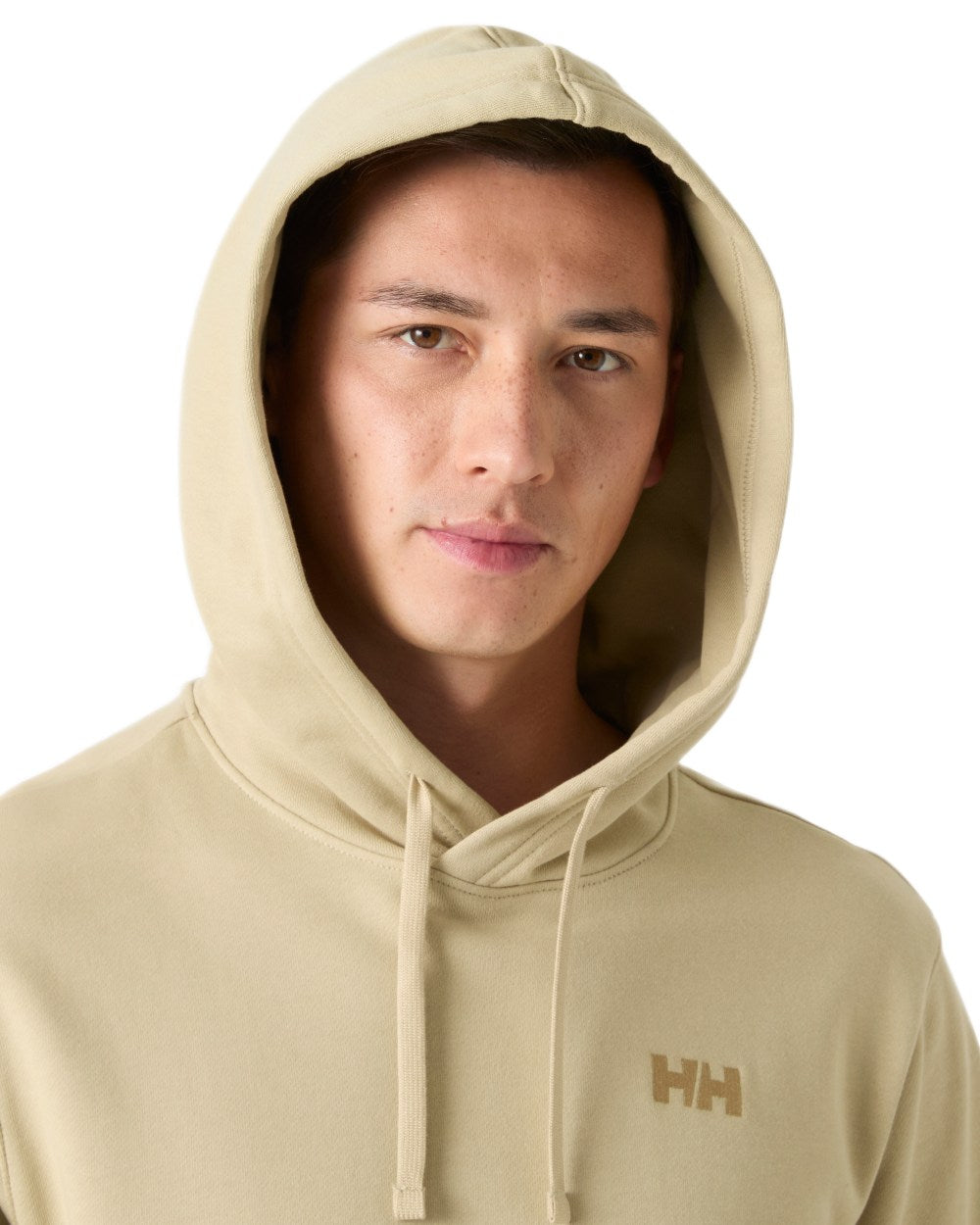 Khaki Sand coloured Helly Hansen Mens Core Graphic Hoodie on white background 
