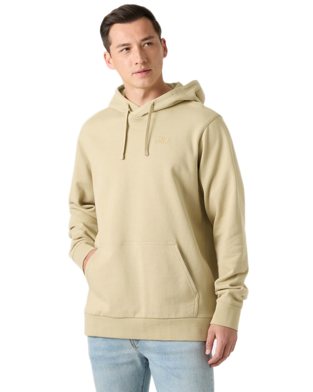 Khaki Sand coloured Helly Hansen Mens Core Graphic Hoodie on white background 