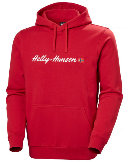 Red coloured Helly Hansen Mens Core Graphic Hoodie on white background 