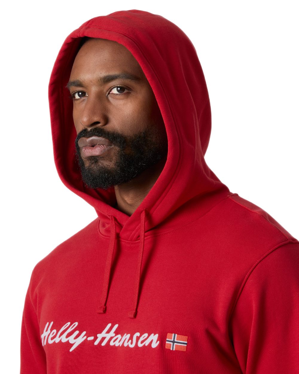 Red coloured Helly Hansen Mens Core Graphic Hoodie on white background 