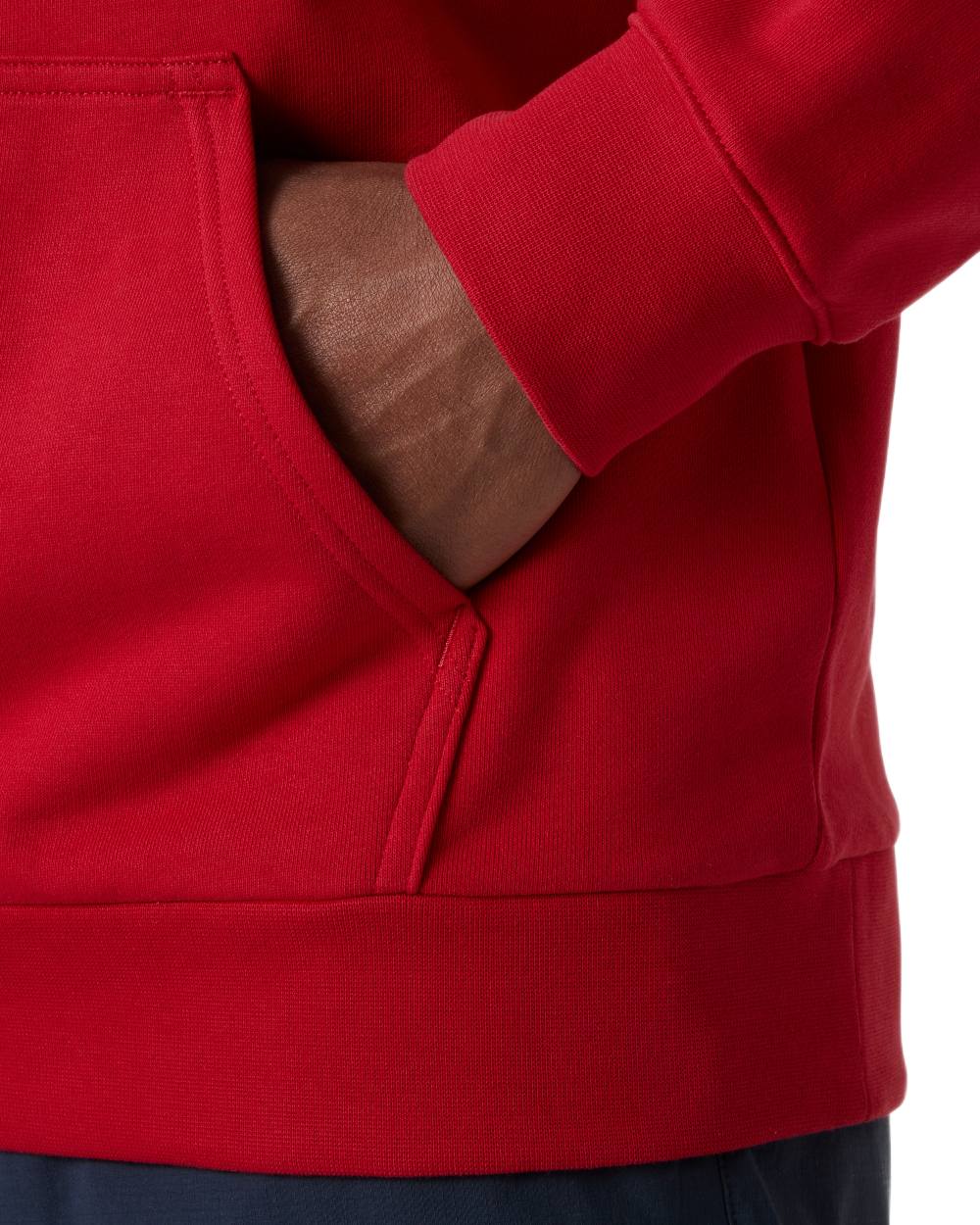 Red coloured Helly Hansen Mens Core Graphic Hoodie on white background 