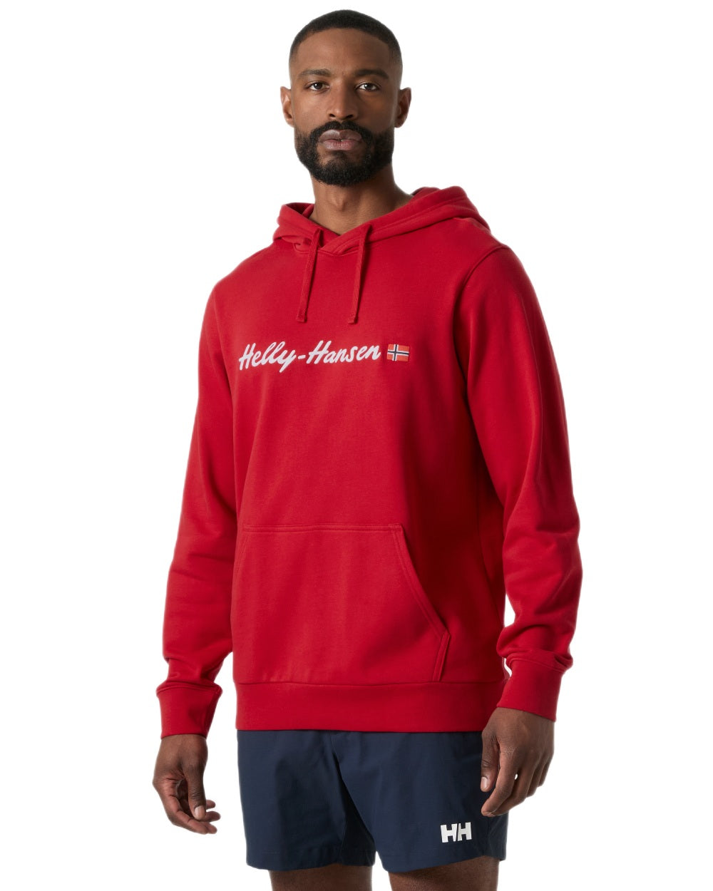 Red coloured Helly Hansen Mens Core Graphic Hoodie on white background 