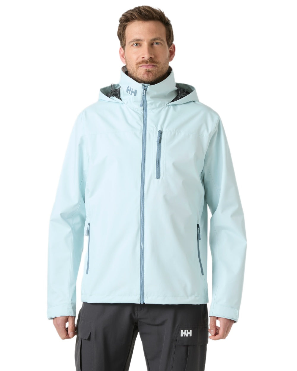 Barely Blue Coloured Helly Hansen Mens Crew Hooded Jacket 2.0 on white background 