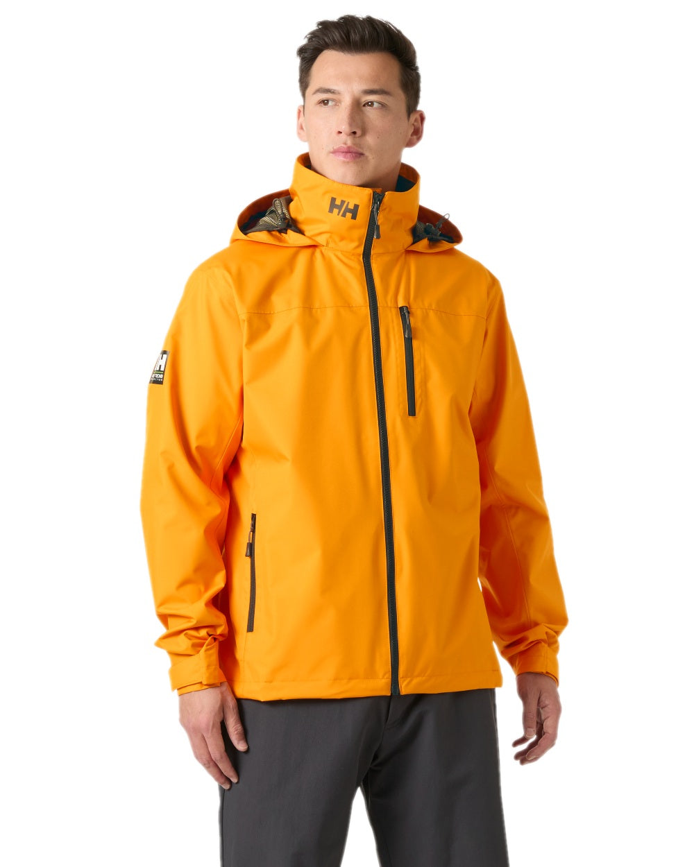 Ignite Orange Coloured Helly Hansen Mens Crew Hooded Jacket 2.0 on white background 