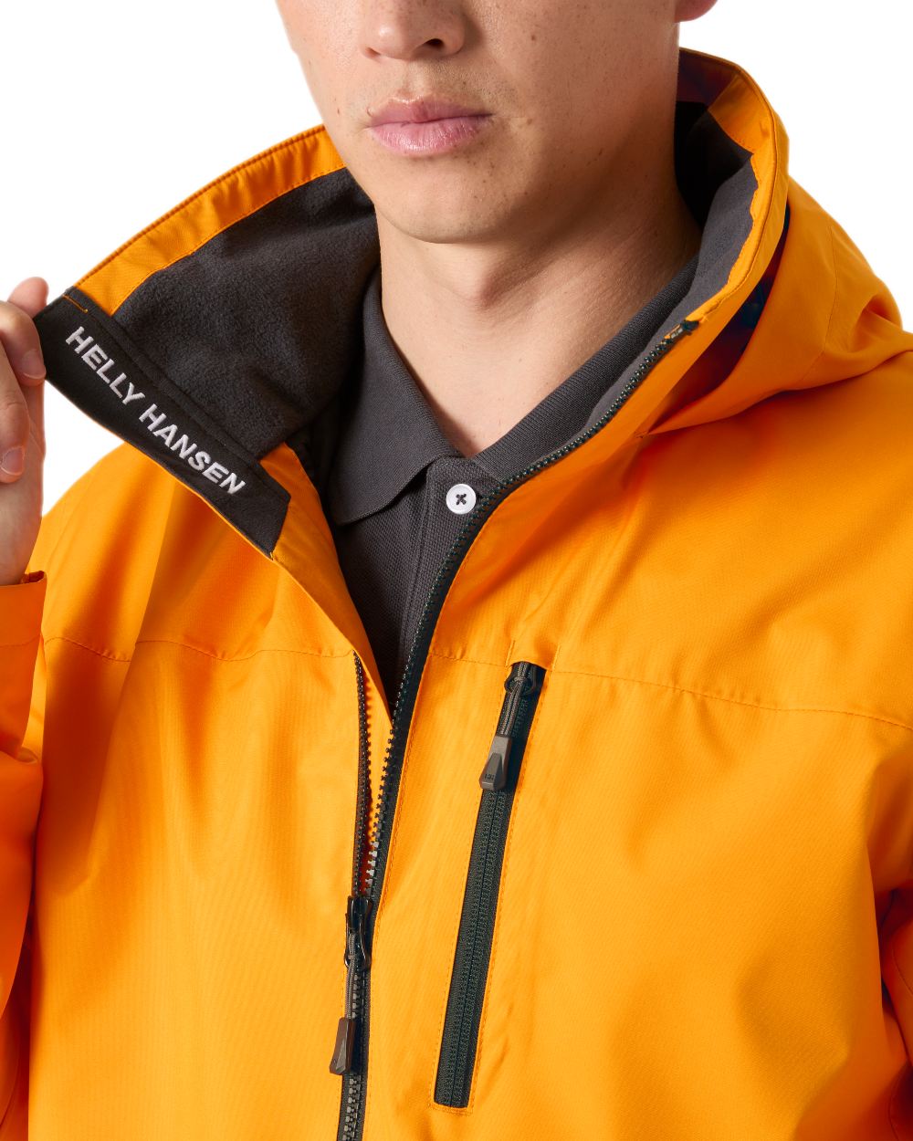 Ignite Orange Coloured Helly Hansen Mens Crew Hooded Jacket 2.0 on white background 