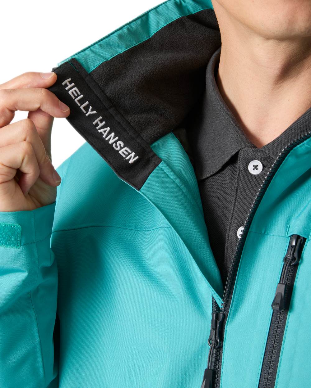 Dark Mint coloured Helly Hansen Mens Crew Hooded Midlayer Jacket on white background 