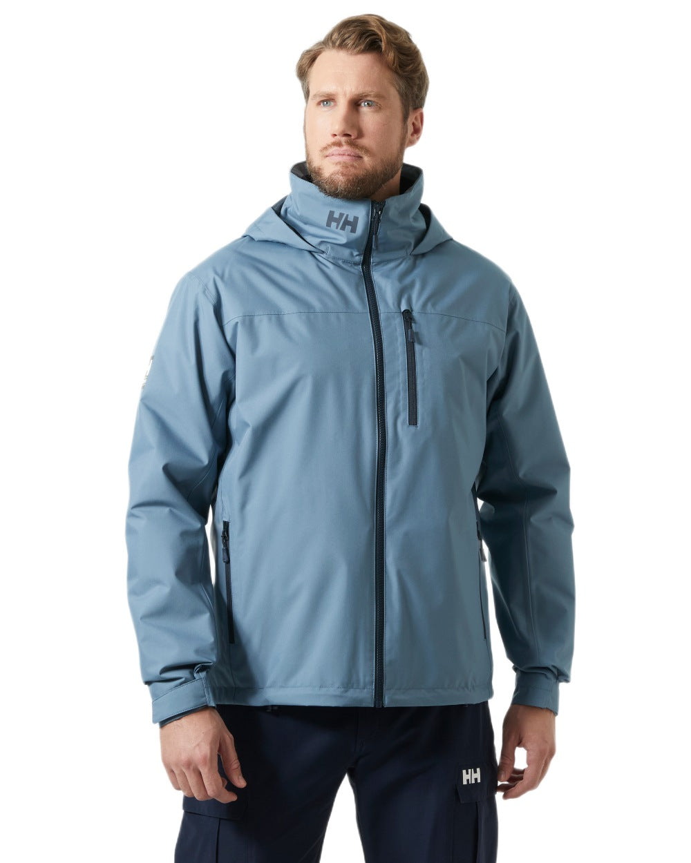 Washed Navy coloured Helly Hansen Mens Crew Hooded Midlayer Jacket on white background 