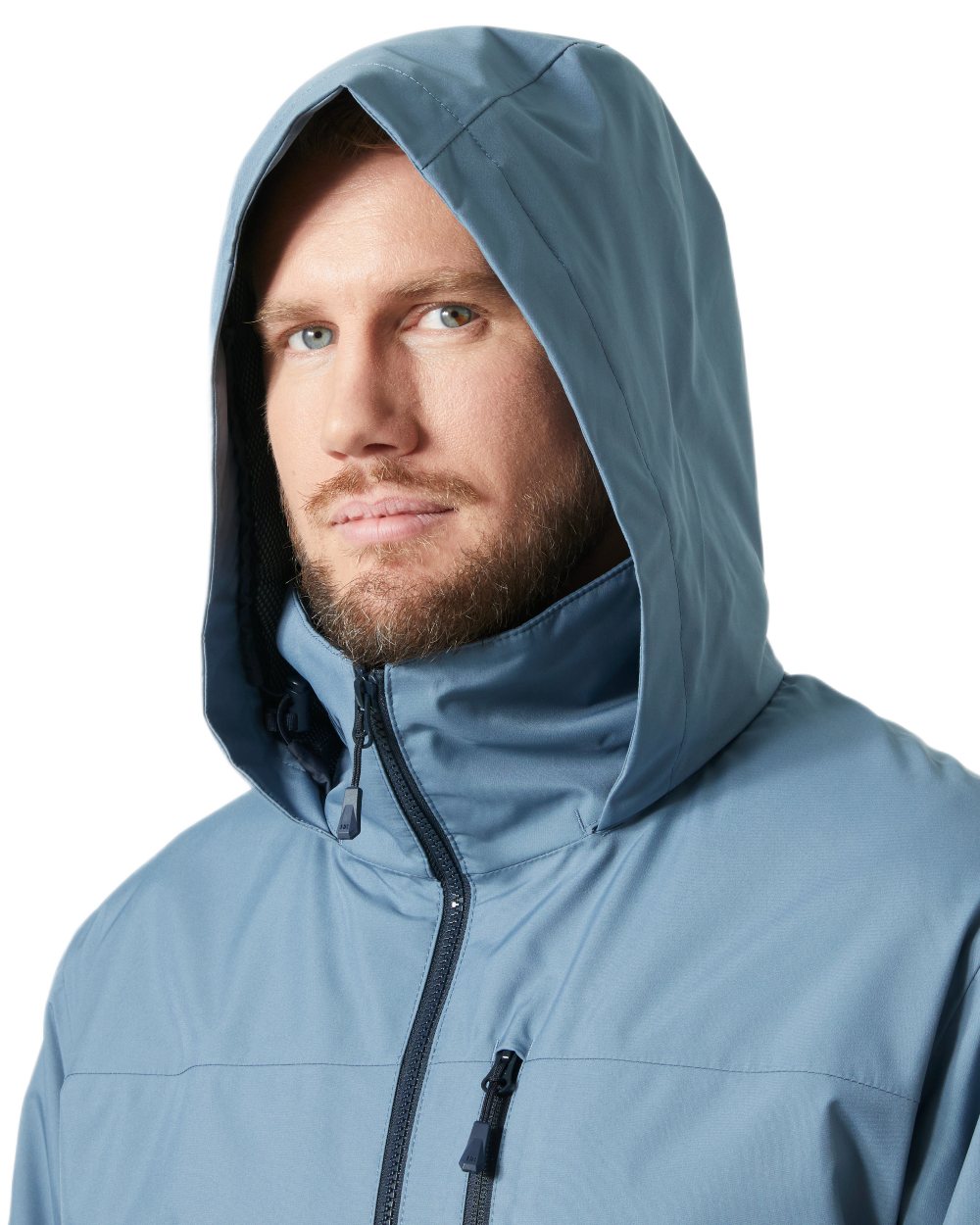 Washed Navy coloured Helly Hansen Mens Crew Hooded Midlayer Jacket on white background 