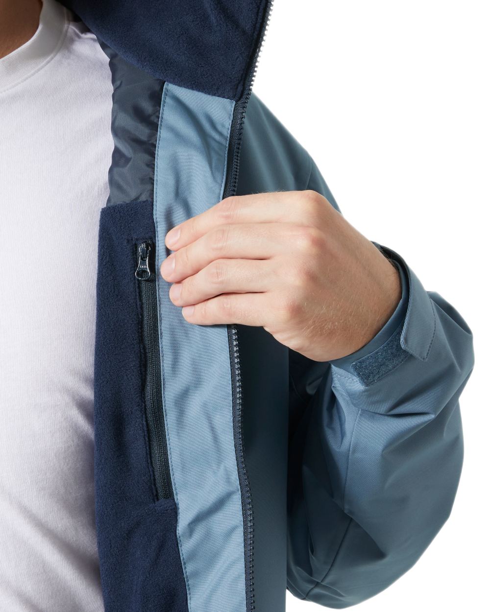 Washed Navy coloured Helly Hansen Mens Crew Hooded Midlayer Jacket on white background 