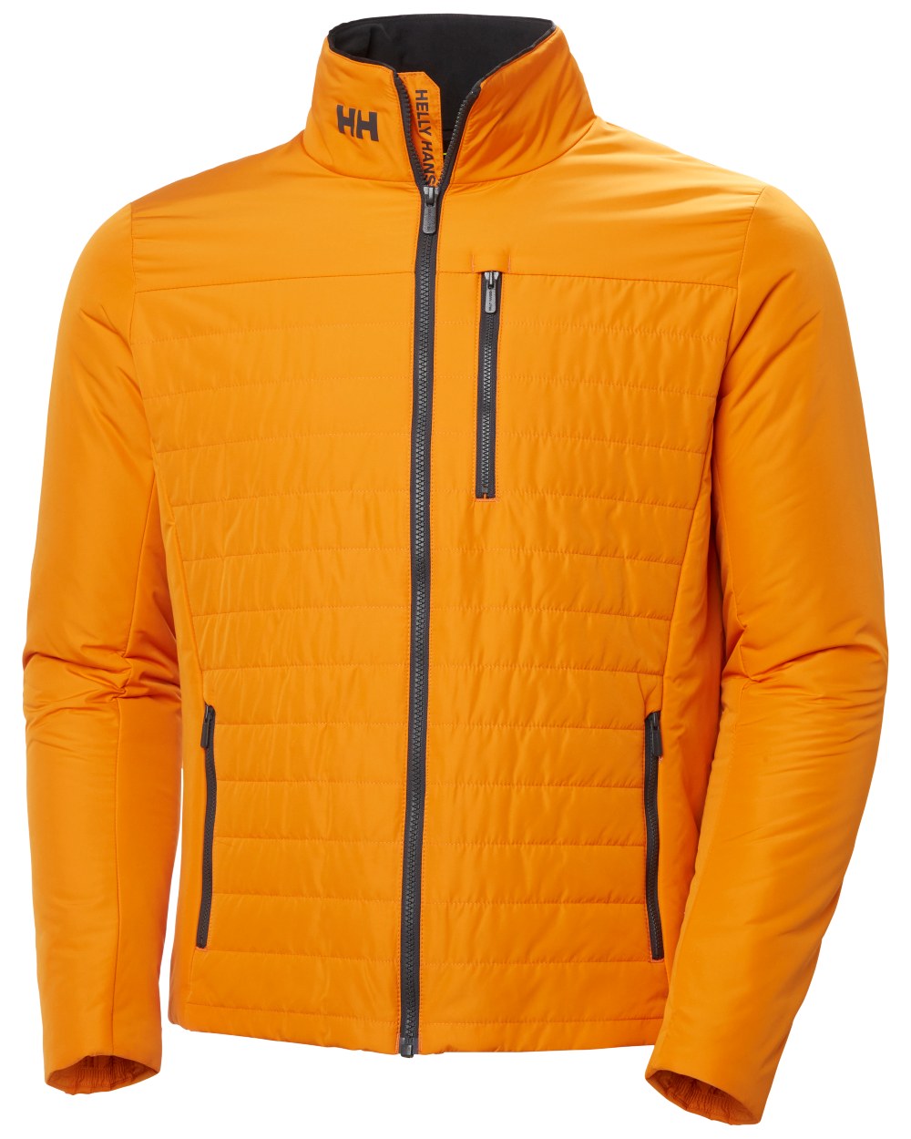 Ignite Orange coloured Helly Hansen Mens Crew Insulated Sailing Jacket 2.0 on white background 
