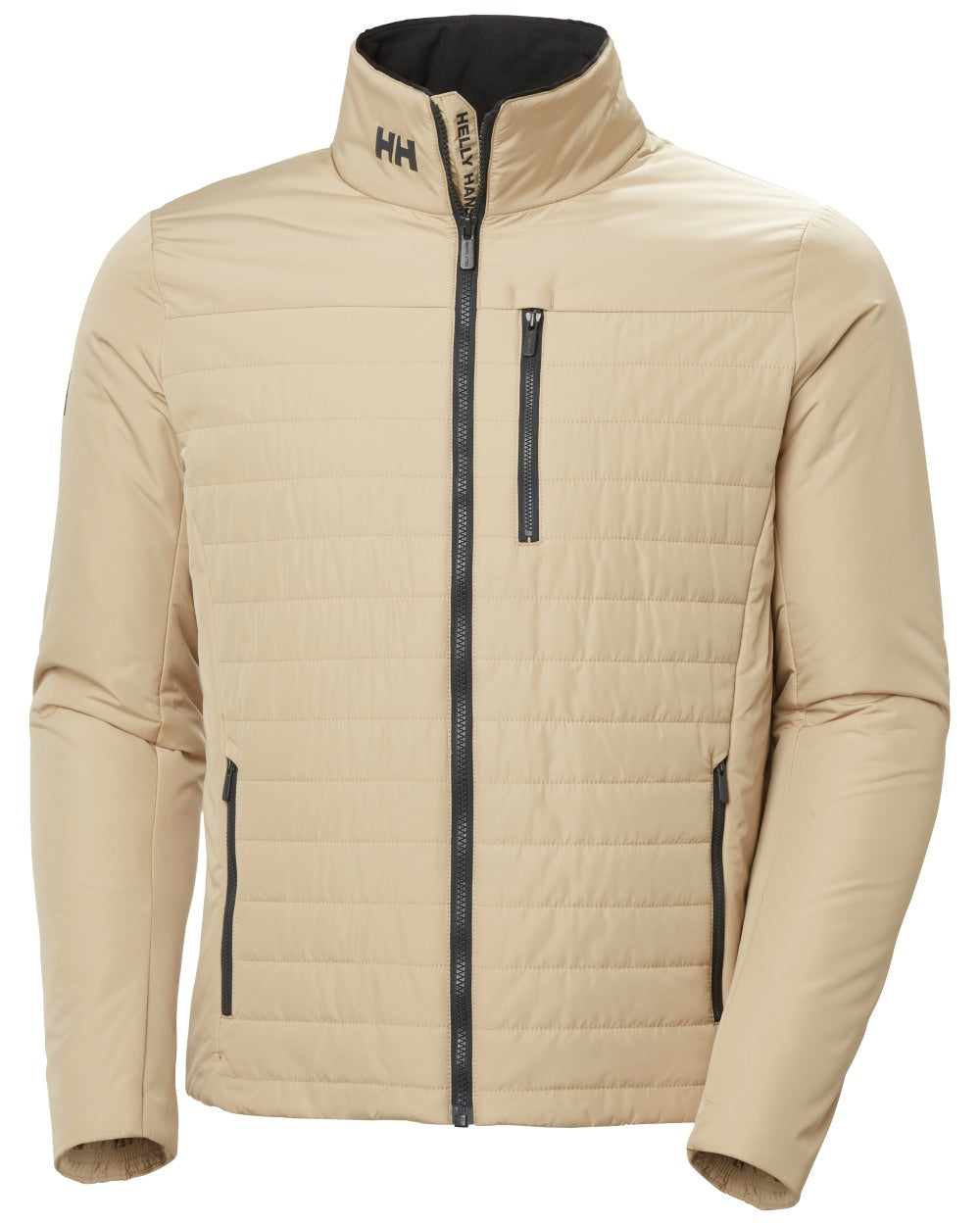 Khaki coloured Helly Hansen Mens Crew Insulated Sailing Jacket 2.0 on white background 