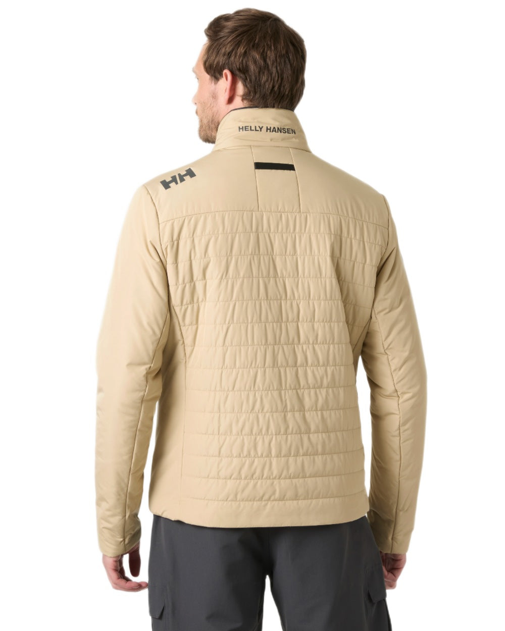 Khaki coloured Helly Hansen Mens Crew Insulated Sailing Jacket 2.0 on white background 