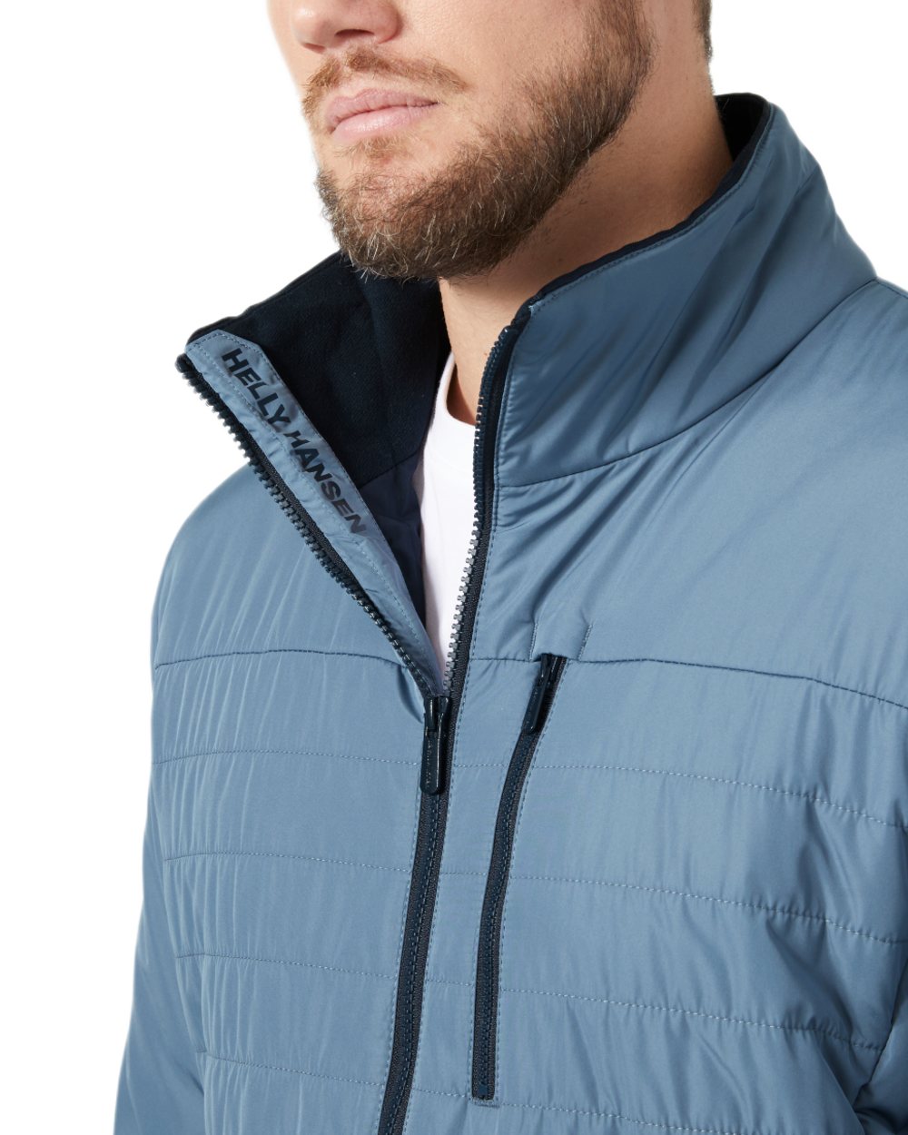 Washed Navy coloured Helly Hansen Mens Crew Insulated Sailing Jacket 2.0 on white background 