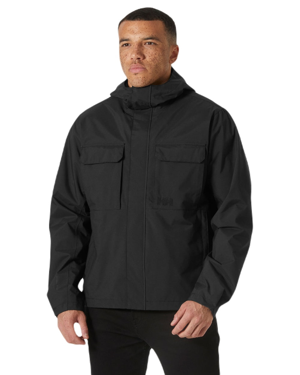 Black coloured Helly Hansen Mens Escape Rain Jacket on white background 