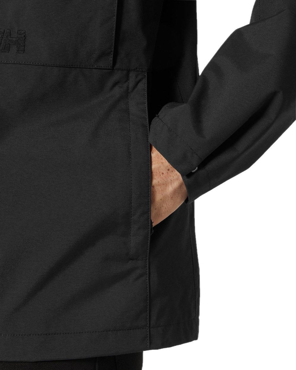 Black coloured Helly Hansen Mens Escape Rain Jacket on white background 