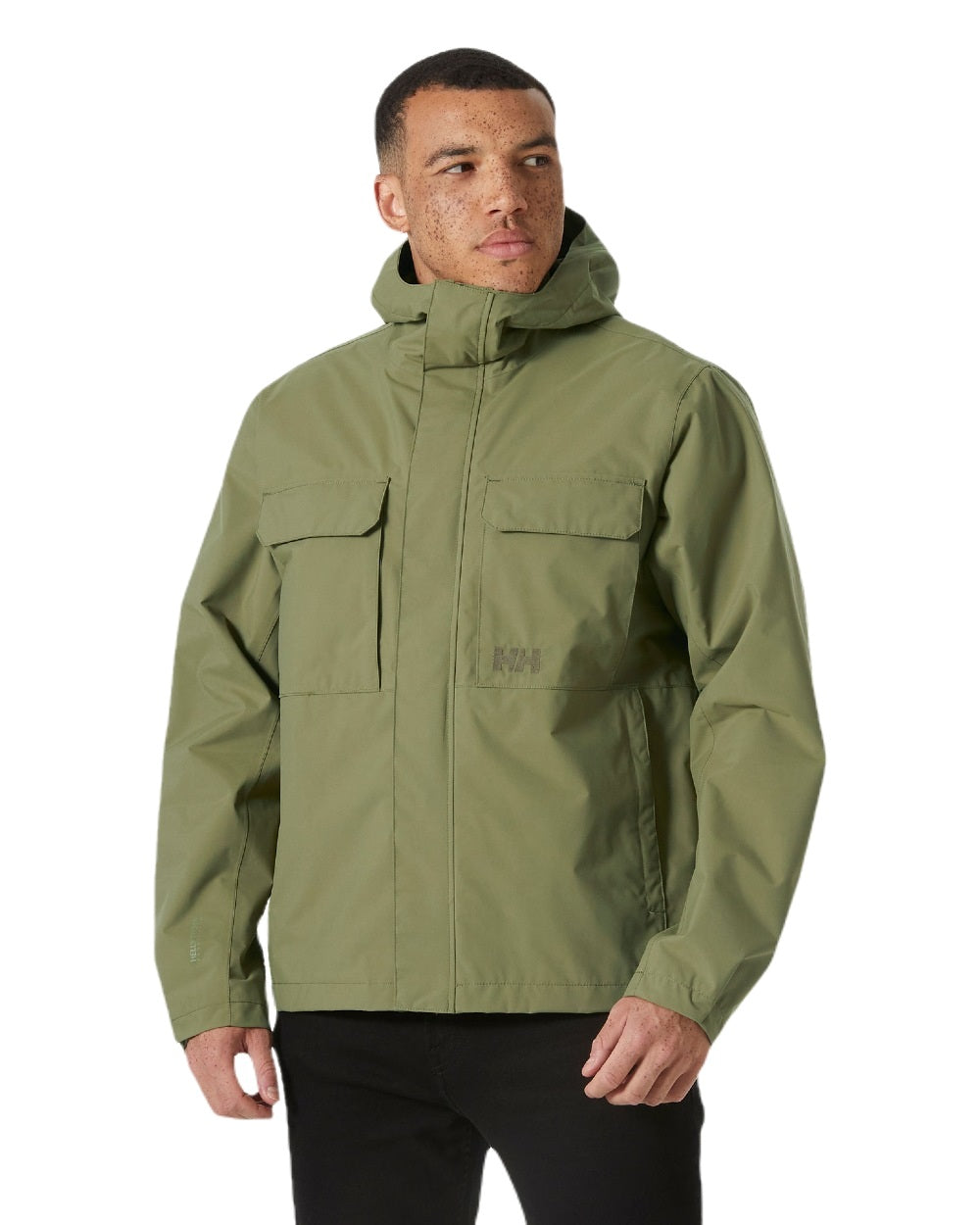 Terrain Green coloured Helly Hansen Mens Escape Rain Jacket on white background 
