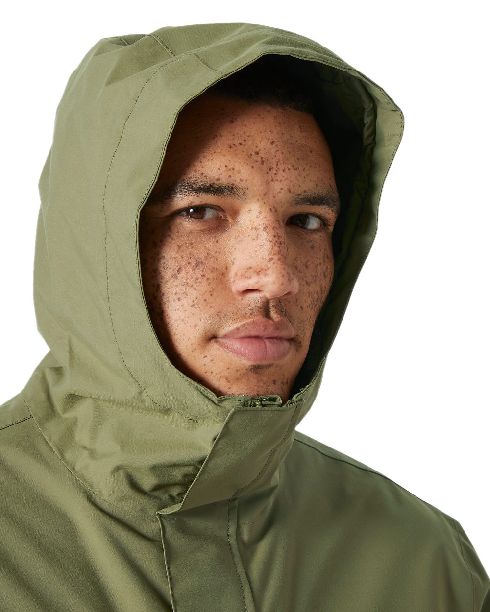 Terrain Green coloured Helly Hansen Mens Escape Rain Jacket on white background 