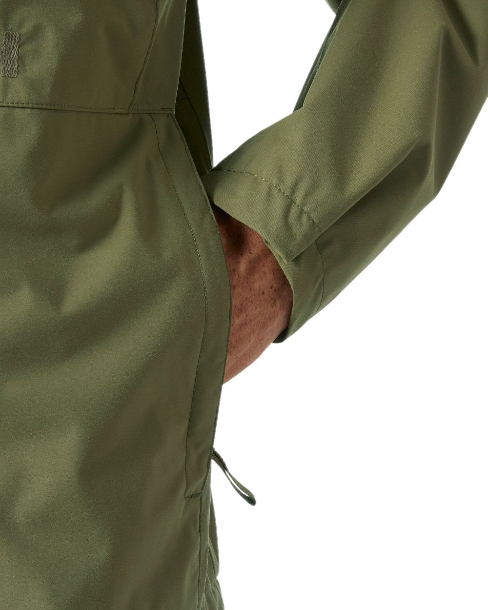 Terrain Green coloured Helly Hansen Mens Escape Rain Jacket on white background 