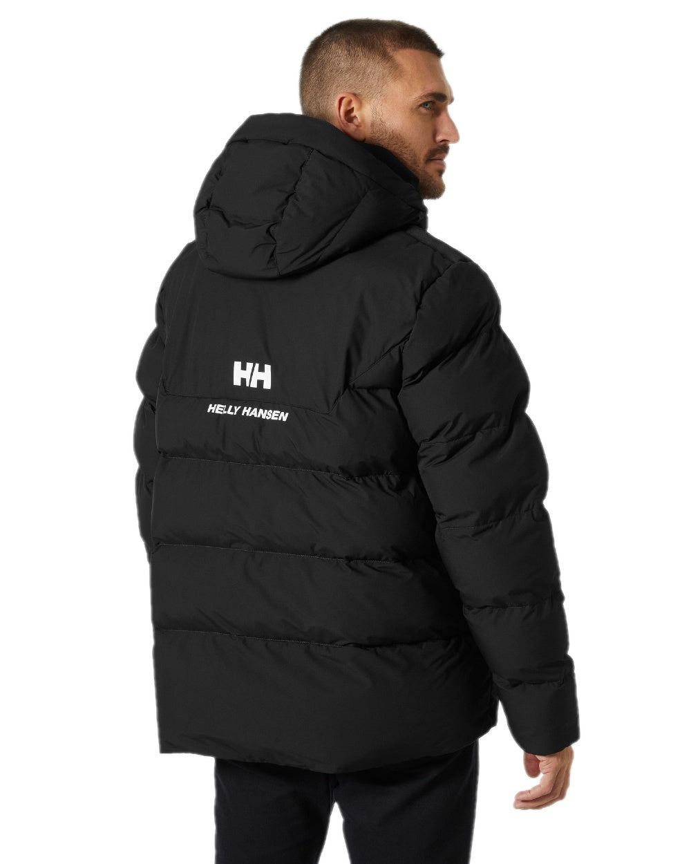 Black Coloured Helly Hansen Mens Explorer Puffy Jacket on white background 