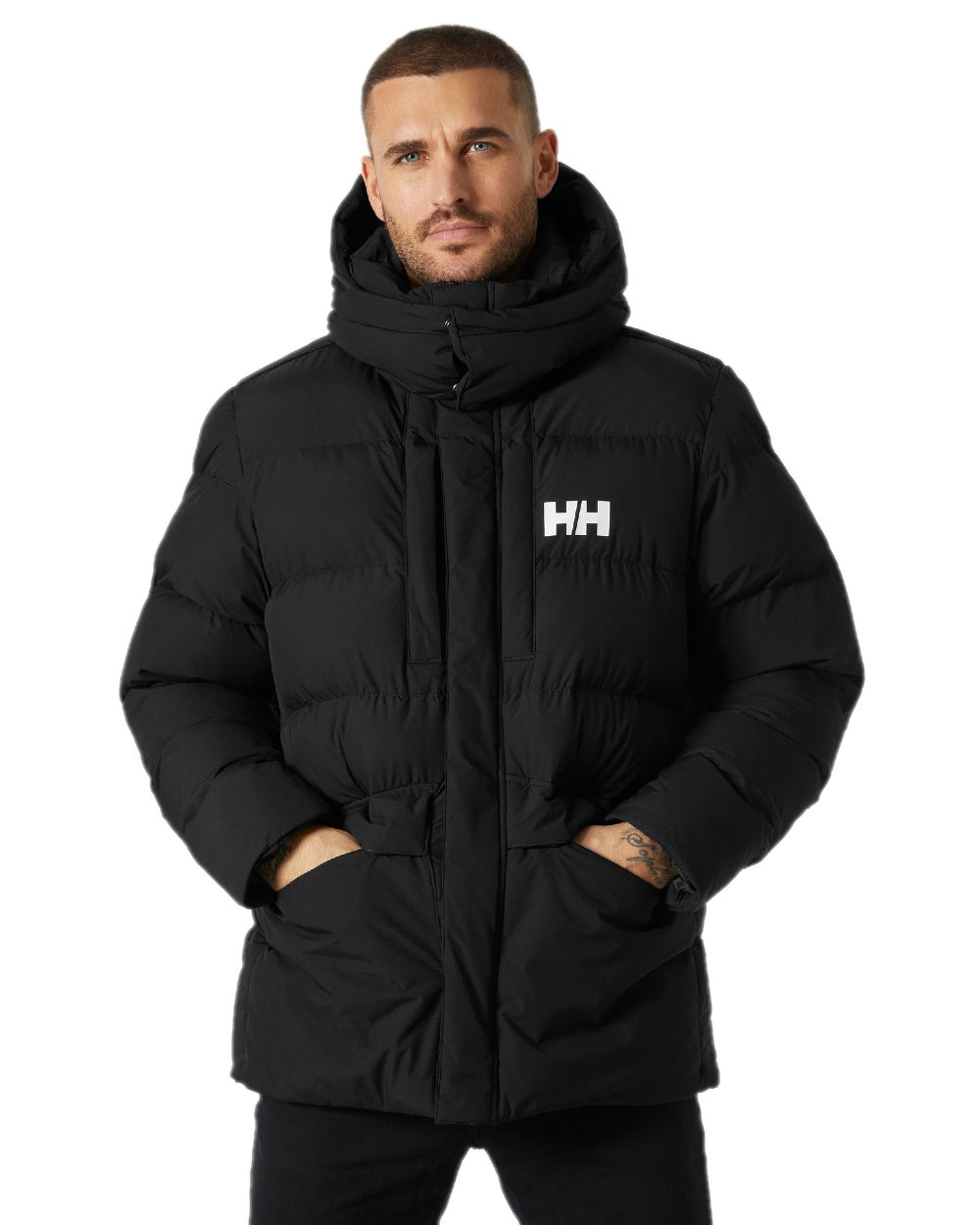 Black Coloured Helly Hansen Mens Explorer Puffy Jacket on white background 