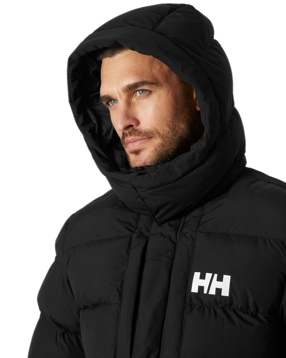 Black Coloured Helly Hansen Mens Explorer Puffy Jacket on white background 