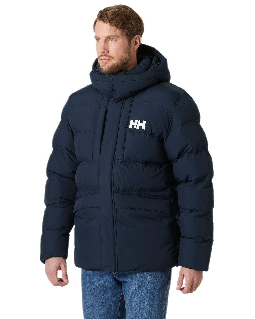 Navy Coloured Helly Hansen Mens Explorer Puffy Jacket on white background 