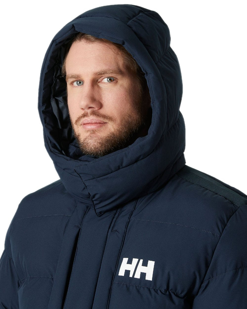 Navy Coloured Helly Hansen Mens Explorer Puffy Jacket on white background 