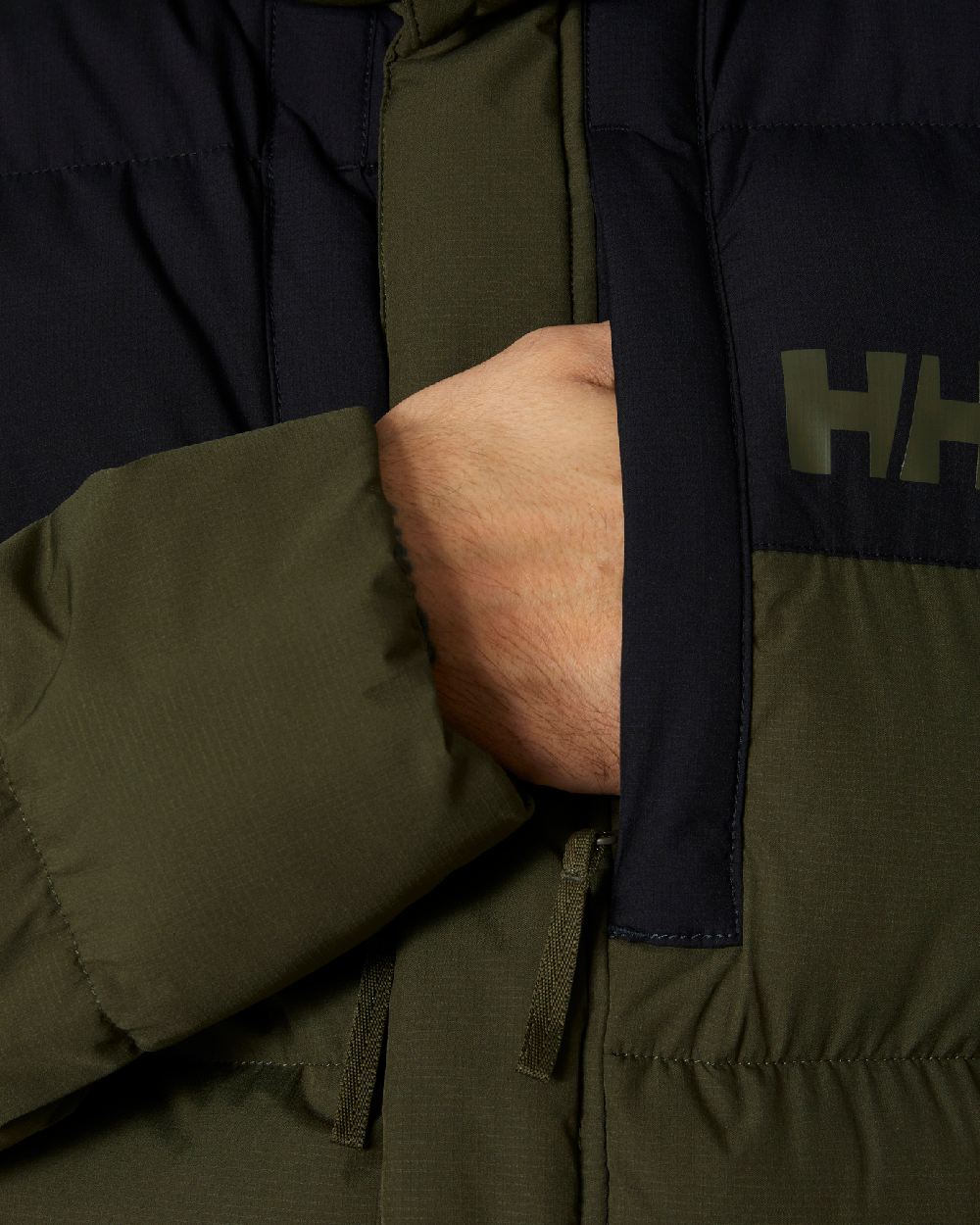 Utility Green Coloured Helly Hansen Mens Explorer Puffy Jacket on white background 