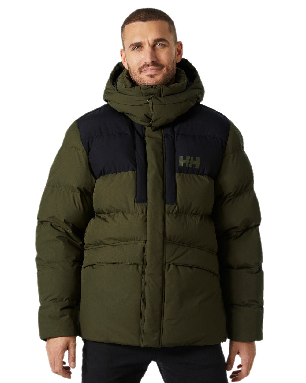 Utility Green Coloured Helly Hansen Mens Explorer Puffy Jacket on white background 