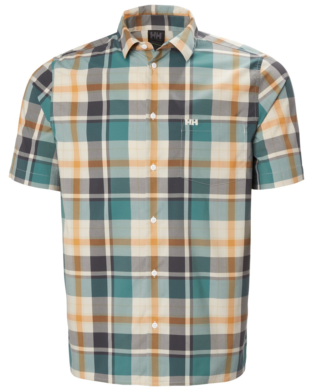 Opal Green Peak Plaid Coloured Helly Hansen Mens Fjord Quick Dry Short Sleeve Shirt 2.0 on White Background 
