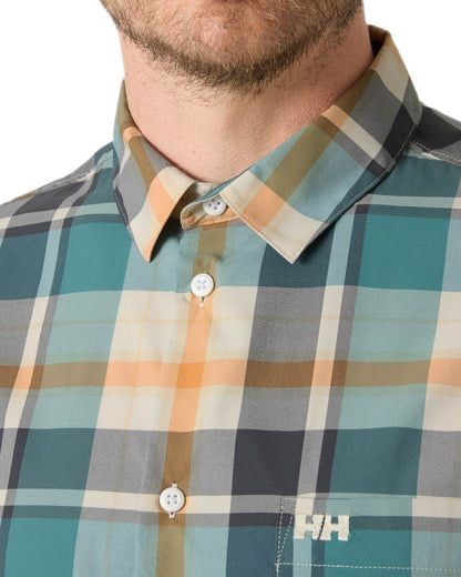 Opal Green Peak Plaid Coloured Helly Hansen Mens Fjord Quick Dry Short Sleeve Shirt 2.0 on White Background 