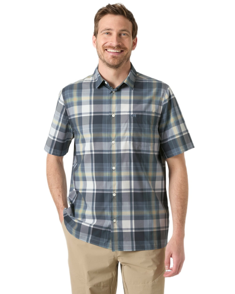Washed Navy Peak Plaid Coloured Helly Hansen Mens Fjord Quick Dry Short Sleeve Shirt 2.0 on White Background 