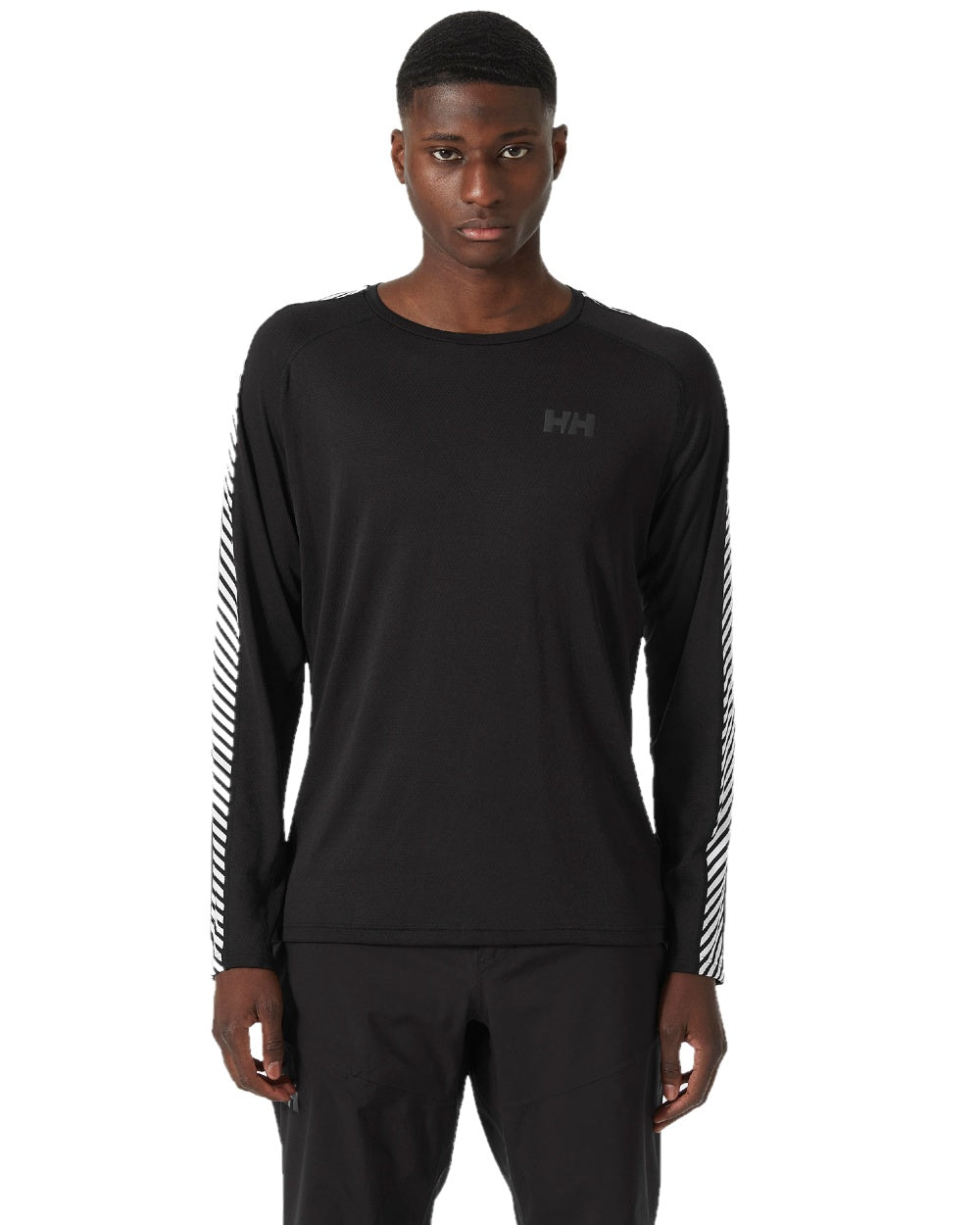 Black Coloured Helly Hansen Mens Lifa Active Stripe Crew Base Layer on white background 