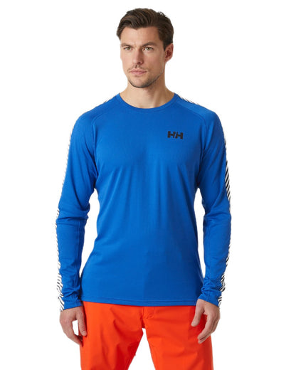 Cobalt Coloured Helly Hansen Mens Lifa Active Stripe Crew Base Layer on white background 