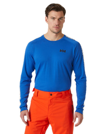 Cobalt Coloured Helly Hansen Mens Lifa Active Stripe Crew Base Layer on white background 