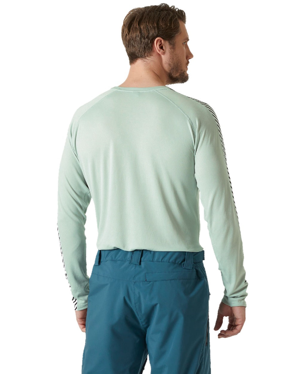 Green Mist Coloured Helly Hansen Mens Lifa Active Stripe Crew Base Layer on white background 