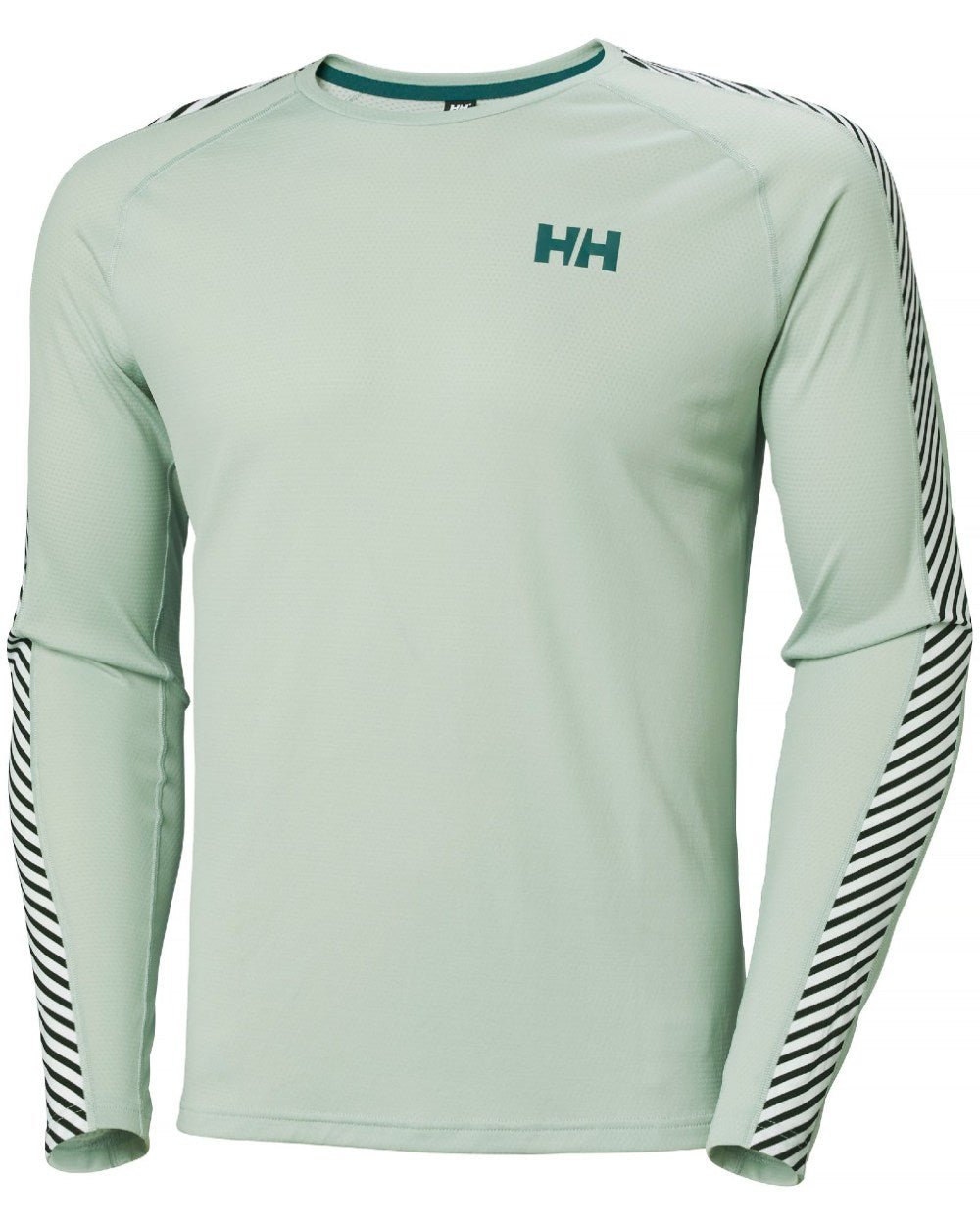 Green Mist Coloured Helly Hansen Mens Lifa Active Stripe Crew Base Layer on white background 