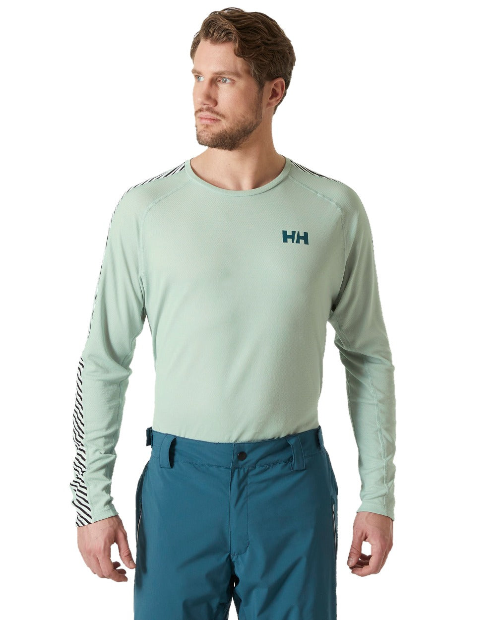 Green Mist Coloured Helly Hansen Mens Lifa Active Stripe Crew Base Layer on white background 