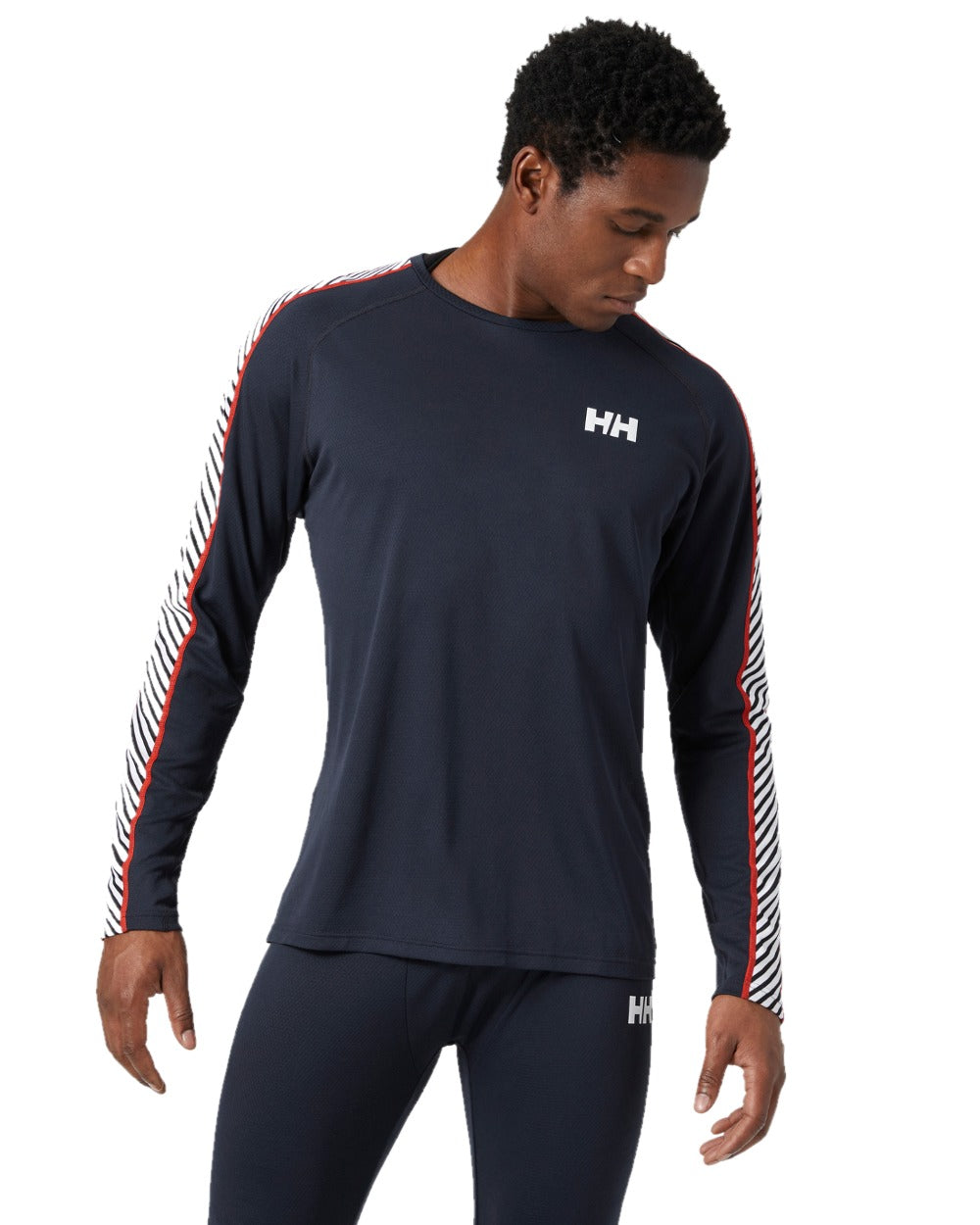 Navy Coloured Helly Hansen Mens Lifa Active Stripe Crew Base Layer on white background 