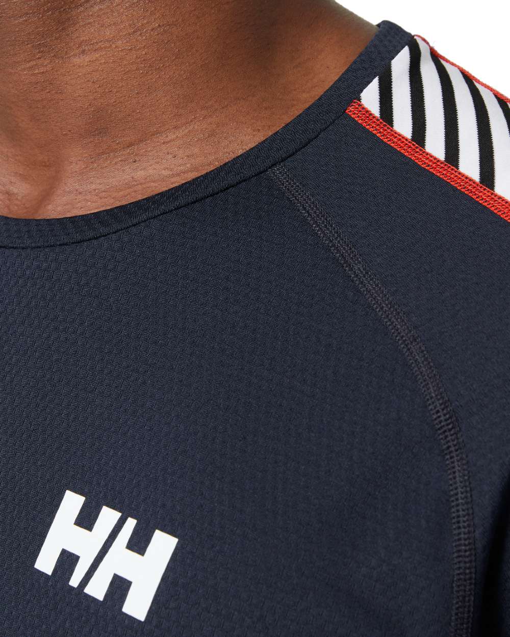 Navy Coloured Helly Hansen Mens Lifa Active Stripe Crew Base Layer on white background 