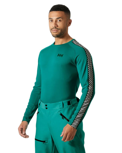Signal Green Coloured Helly Hansen Mens Lifa Active Stripe Crew Base Layer on white background 