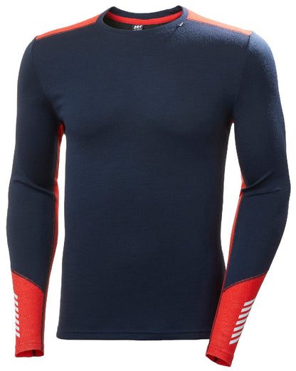 Navy Coloured Helly Hansen Mens Lifa Merino Midweight Crew Base Layer on white background 